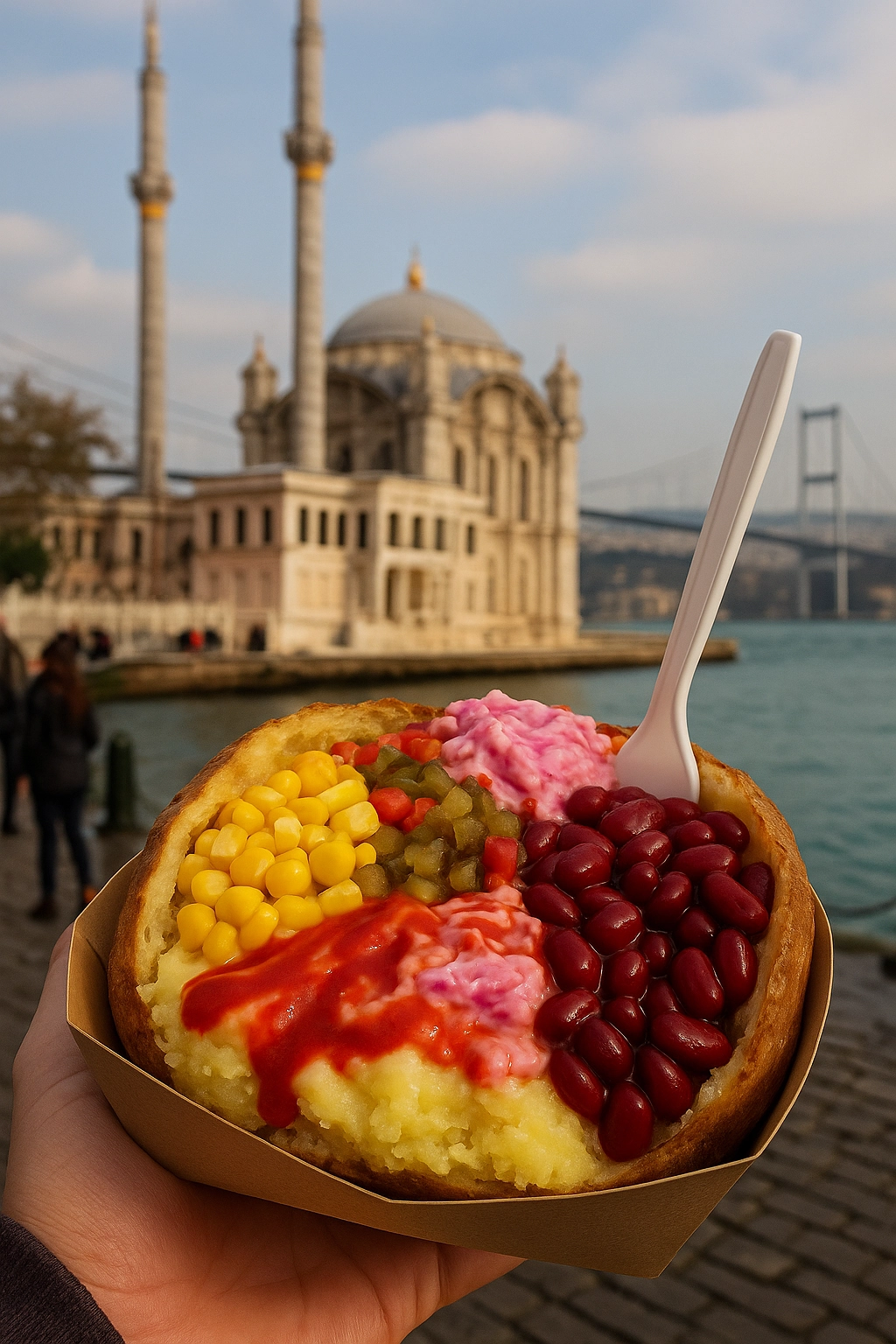 Kumpir vegetariano creativo con condimenti colorati